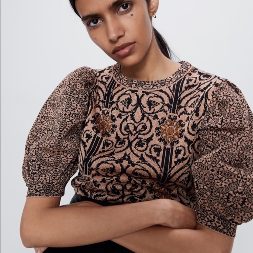 Zara Black and Brown Patterned Puff Sleeve Top